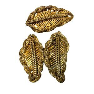 Rare Signed MIRIAM HASKELL Gold Gilt Plated Brass Leaf Brooch Pin & Clip on Earr